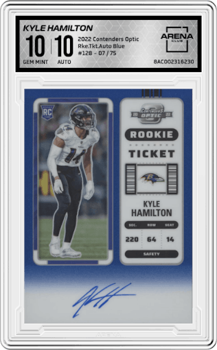 Kyle Hamilton from the 2022 Panini Contenders Optic set featuring a Blue parallel graded by Arena Club and given an overall grade of 10.