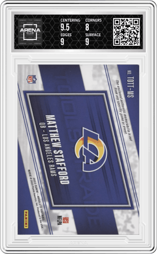 Matthew Stafford from the 2023 Panini Absolute set featuring a Prime parallel graded by Arena Club and given an overall grade of 8.5.