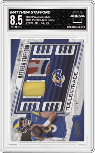 Matthew Stafford from the 2023 Panini Absolute set featuring a Prime parallel graded by Arena Club and given an overall grade of 8.5.