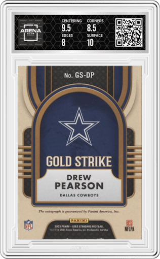 Drew Pearson  from the 2023 Panini Gold Standard set featuring a White Gold parallel graded by Arena Club and given an overall grade of 8.5.