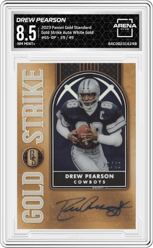 Drew Pearson  from the 2023 Panini Gold Standard set featuring a White Gold parallel graded by Arena Club and given an overall grade of 8.5.