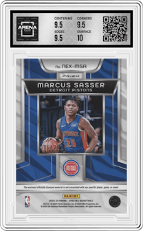 Marcus Sasser from the 2023-24 Panini Spectra set featuring a Meta parallel graded by Arena Club and given an overall grade of 10.