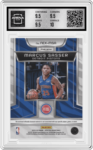 Marcus Sasser from the 2023-24 Panini Spectra set featuring a Meta parallel graded by Arena Club and given an overall grade of 10.