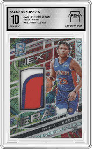 Marcus Sasser from the 2023-24 Panini Spectra set featuring a Meta parallel graded by Arena Club and given an overall grade of 10.