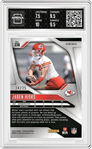 Jaden Hicks from the 2024 Panini Prizm set featuring a Red Shimmer parallel graded by Arena Club and given an overall grade of 8.