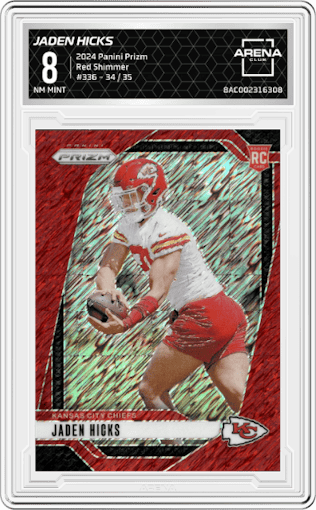 Jaden Hicks from the 2024 Panini Prizm set featuring a Red Shimmer parallel graded by Arena Club and given an overall grade of 8.
