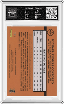 Michael Conforto from the 2016 Donruss Optic set featuring a Red parallel graded by Arena Club and given an overall grade of 9.5.