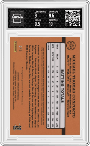 Michael Conforto from the 2016 Donruss Optic set featuring a Red parallel graded by Arena Club and given an overall grade of 9.5.