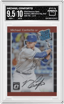 Michael Conforto from the 2016 Donruss Optic set featuring a Red parallel graded by Arena Club and given an overall grade of 9.5.
