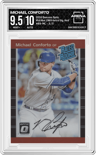Michael Conforto from the 2016 Donruss Optic set featuring a Red parallel graded by Arena Club and given an overall grade of 9.5.
