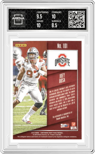 Joey Bosa from the 2016 Panini Contenders Draft Picks set featuring a Cracked Ice parallel graded by Arena Club and given an overall grade of 9.