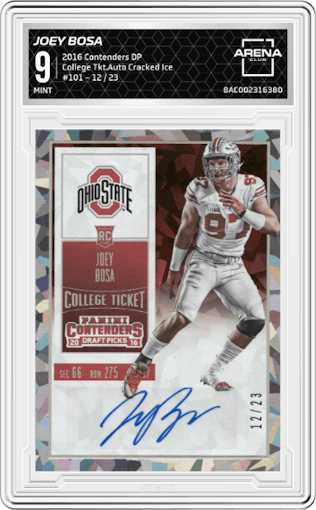 Joey Bosa from the 2016 Panini Contenders Draft Picks set featuring a Cracked Ice parallel graded by Arena Club and given an overall grade of 9.