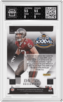 John Lynch from the 2023 Panini Phoenix set featuring a Prizm parallel graded by Arena Club and given an overall grade of 8.5.