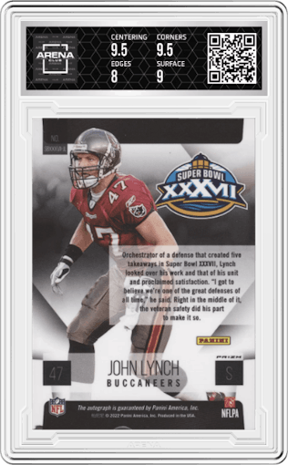 John Lynch from the 2023 Panini Phoenix set featuring a Prizm parallel graded by Arena Club and given an overall grade of 8.5.