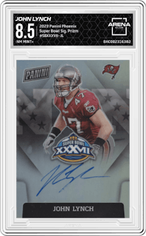 John Lynch from the 2023 Panini Phoenix set featuring a Prizm parallel graded by Arena Club and given an overall grade of 8.5.