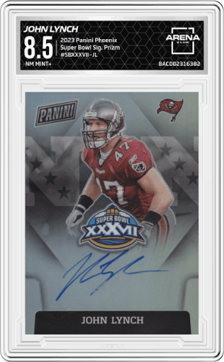 John Lynch from the 2023 Panini Phoenix set featuring a Prizm parallel graded by Arena Club and given an overall grade of 8.5.