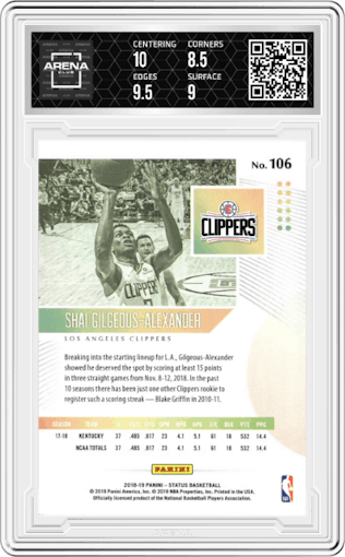 Shai Gilgeous-Alexander from the 2018-19 Panini Status set featuring a Aqua parallel graded by Arena Club and given an overall grade of 9.