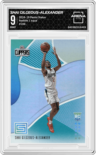 Shai Gilgeous-Alexander from the 2018-19 Panini Status set featuring a Aqua parallel graded by Arena Club and given an overall grade of 9.