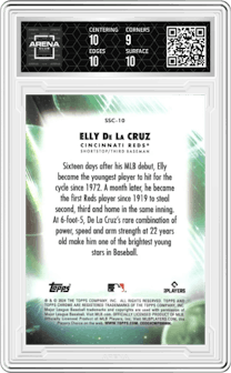 Elly De La Cruz from the 2024 Topps Chrome Update set featuring a Green Refractor parallel graded by Arena Club and given an overall grade of 9.5.