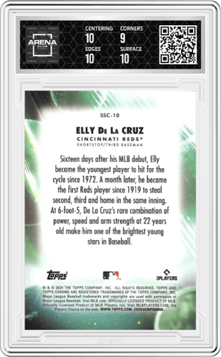 Elly De La Cruz from the 2024 Topps Chrome Update set featuring a Green Refractor parallel graded by Arena Club and given an overall grade of 9.5.