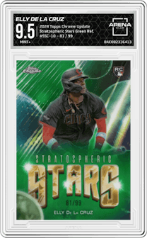 Elly De La Cruz from the 2024 Topps Chrome Update set featuring a Green Refractor parallel graded by Arena Club and given an overall grade of 9.5.