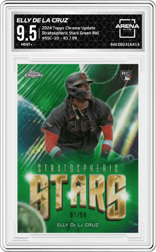 Elly De La Cruz from the 2024 Topps Chrome Update set featuring a Green Refractor parallel graded by Arena Club and given an overall grade of 9.5.