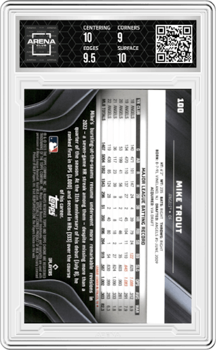 Mike Trout from the 2023 Topps Chrome Black set featuring a Green Wave Refractor parallel graded by Arena Club and given an overall grade of 9.5.