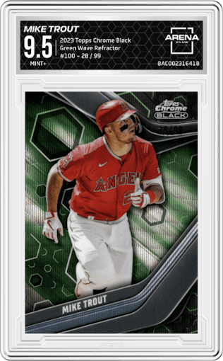 Mike Trout from the 2023 Topps Chrome Black set featuring a Green Wave Refractor parallel graded by Arena Club and given an overall grade of 9.5.