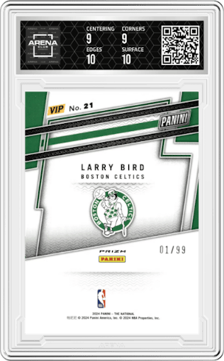 Larry Bird from the 2024 Panini The National VIP set featuring a Green Sparkle parallel graded by Arena Club and given an overall grade of 9.5.