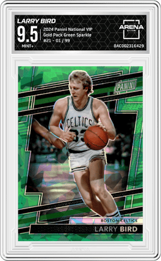 Larry Bird from the 2024 Panini The National VIP set featuring a Green Sparkle parallel graded by Arena Club and given an overall grade of 9.5.