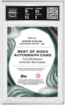 Aidan Chiles from the 2024 Bowman University Best set featuring a Teal Refractor parallel graded by Arena Club and given an overall grade of 9.5.