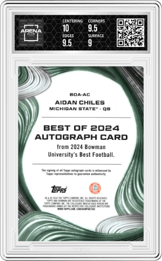 Aidan Chiles from the 2024 Bowman University Best set featuring a Teal Refractor parallel graded by Arena Club and given an overall grade of 9.5.