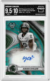 Aidan Chiles from the 2024 Bowman University Best set featuring a Teal Refractor parallel graded by Arena Club and given an overall grade of 9.5.