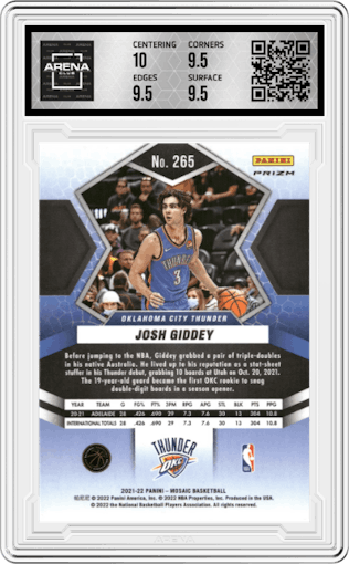 Josh Giddey from the 2021-22 Panini Mosaic  set featuring a Genesis parallel graded by Arena Club and given an overall grade of 10.