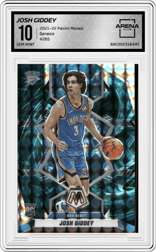 Josh Giddey from the 2021-22 Panini Mosaic  set featuring a Genesis parallel graded by Arena Club and given an overall grade of 10.
