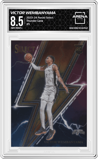 Victor Wembanyama from the 2023-24 Panini Select  set graded by Arena Club and given an overall grade of 8.5.