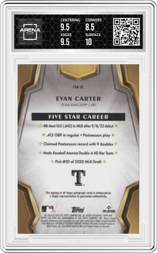 Evan Carter from the 2024 Topps Five Star set featuring a Purple parallel graded by Arena Club and given an overall grade of 9.