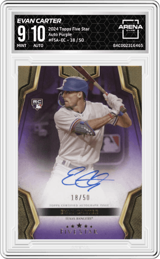 Evan Carter from the 2024 Topps Five Star set featuring a Purple parallel graded by Arena Club and given an overall grade of 9.