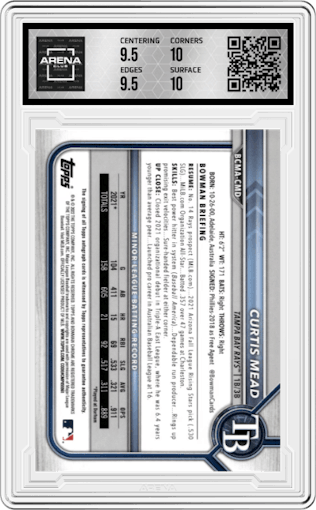 Curtis Mead from the 2022 Bowman Chrome Mega Box set graded by Arena Club and given an overall grade of 10.