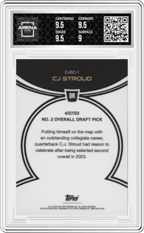 CJ Stroud from the 2023 Topps Now CJ Stroud Rookie Campaign set featuring a Cracked Ice parallel graded by Arena Club and given an overall grade of 9.5.