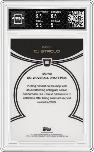 CJ Stroud from the 2023 Topps Now CJ Stroud Rookie Campaign set featuring a Cracked Ice parallel graded by Arena Club and given an overall grade of 9.5.