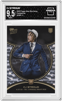 CJ Stroud from the 2023 Topps Now CJ Stroud Rookie Campaign set featuring a Cracked Ice parallel graded by Arena Club and given an overall grade of 9.5.