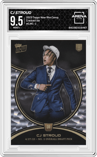CJ Stroud from the 2023 Topps Now CJ Stroud Rookie Campaign set featuring a Cracked Ice parallel graded by Arena Club and given an overall grade of 9.5.