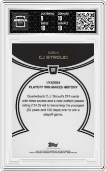 CJ Stroud from the 2023 Topps Now CJ Stroud Rookie Campaign set graded by Arena Club and given an overall grade of 9.5.
