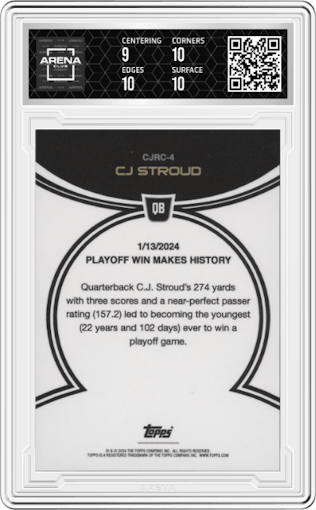 CJ Stroud from the 2023 Topps Now CJ Stroud Rookie Campaign set graded by Arena Club and given an overall grade of 9.5.