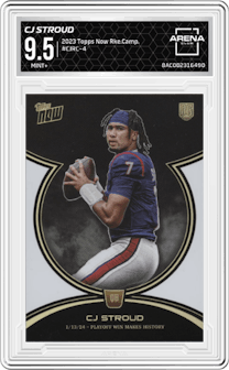 CJ Stroud from the 2023 Topps Now CJ Stroud Rookie Campaign set graded by Arena Club and given an overall grade of 9.5.