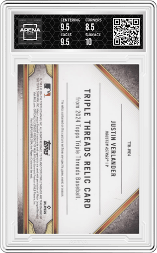 Justin Verlander from the 2024 Topps Triple Threads set featuring a Gold  parallel graded by Arena Club and given an overall grade of 9.
