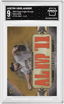 Justin Verlander from the 2024 Topps Triple Threads set featuring a Gold  parallel graded by Arena Club and given an overall grade of 9.