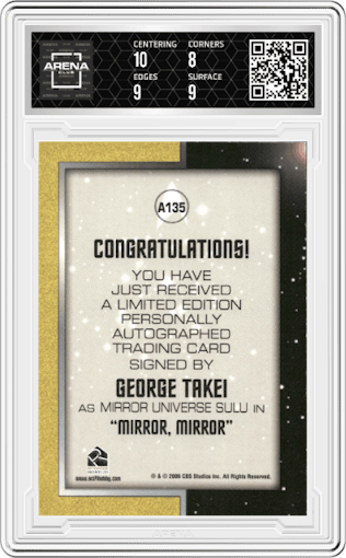 George Takei as Mirror Universe Sulu from the 2006 Rittenhouse Star Trek: The Original Series 40th Anniversary Series 1 set graded by Arena Club and given an overall grade of 8.5.