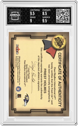 Priest Holmes from the 2000 Fleer Tradition set graded by Arena Club and given an overall grade of 9.